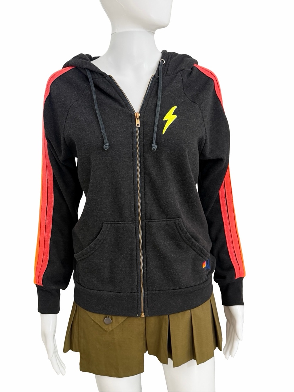 Aviator Nation Black Zip Hoodie Neon Rainbow Stripe Bolt XS